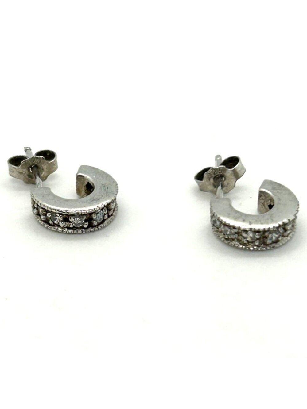 Sterling Silver 925 Petite Hoop Earrings Post With Channel Set Crystals 3/8 inch